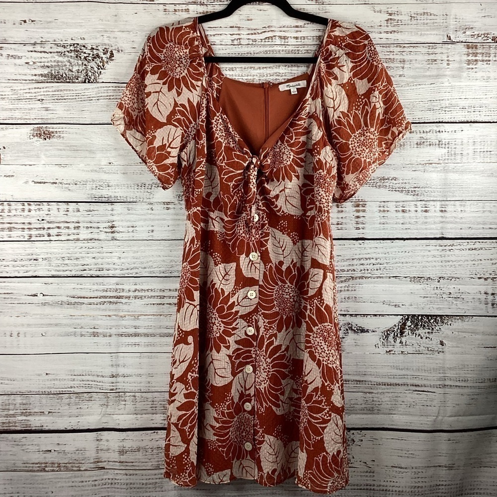 MADEWELL SIZE 2 MINI DRESS SILK TIE FRONT FALL SUNFLOWER‎ GUC - Picture 5 of 15
